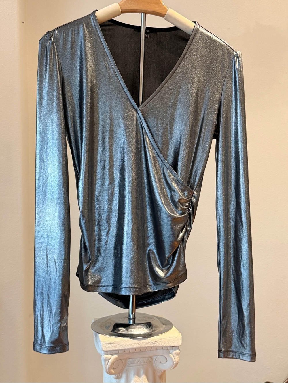 Joe's Jeans Metallic Silver Wrap-Style Long Sleeve Top